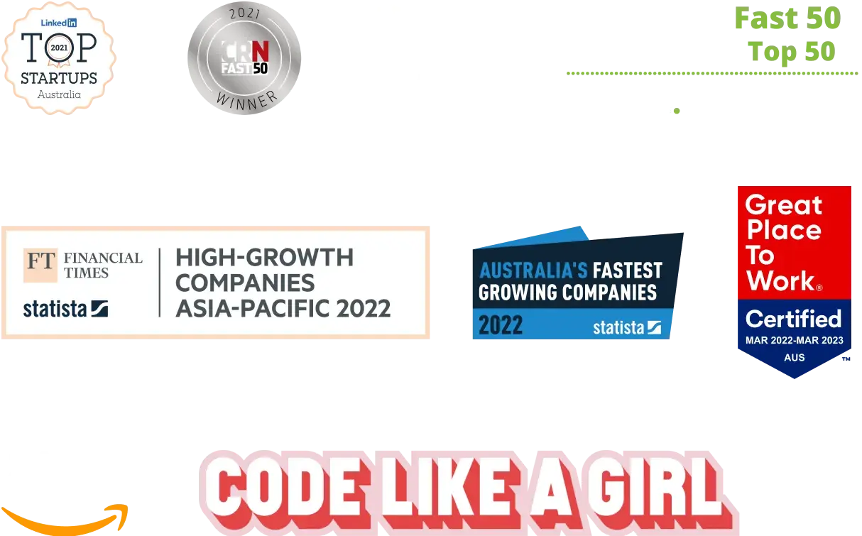 Lexicon's awards and partnerships, including LinkedIn Top Startups, C R N Fast 50, Deloitte Technology Fast 50, Financial Times High Growth Companies Asia-Pacific, Great Place to Work Certified, A W S and Code Like a Girl